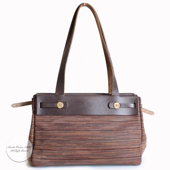 Hermes Herbag Tote Bag Cabas PM Brown Vibrato Leather & Canvas 2-In-1 Bag HTF - Picture 8 of 17
